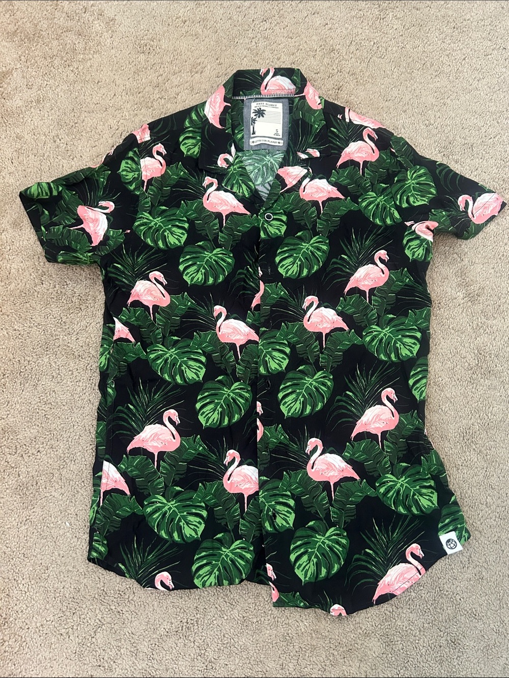Free Planet Black Button-Front Shirt with Pink Flamingo & Green Leaf Print
